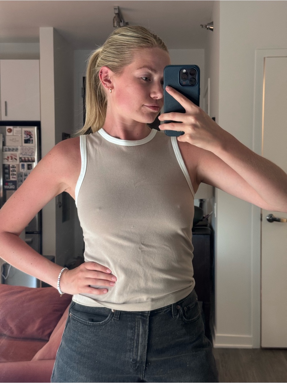 Sincerely Jules Beige Tank Top with White Trim